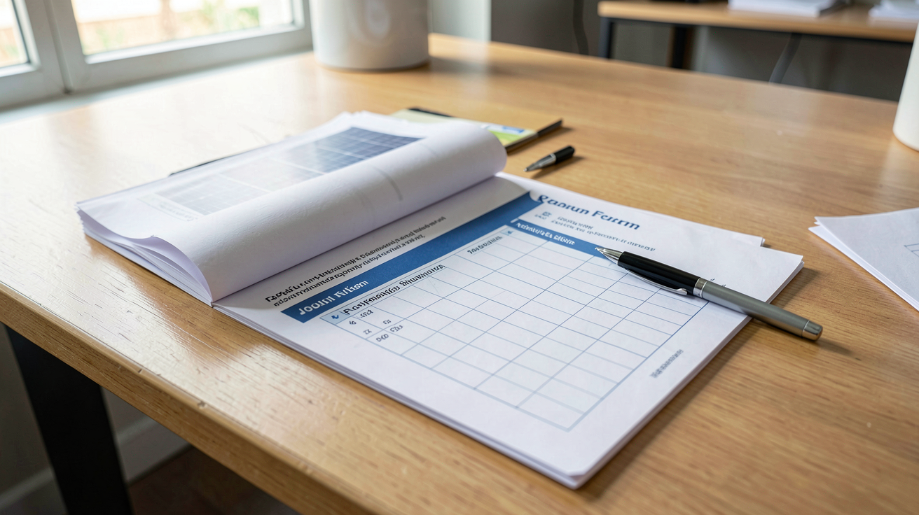 forum panneau photovoltaïque 2022 checklist avant de signer, vue sur une table avec un document ouvert, un stylo et des notes, éclairage naturel