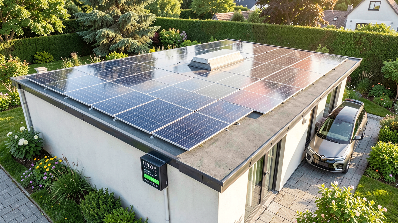 forum panneaux photovoltaiques autoconsommation montre un toit avec panneaux solaires, un compteur d'énergie et une voiture électrique en charge, illustrant les avantages concrets.