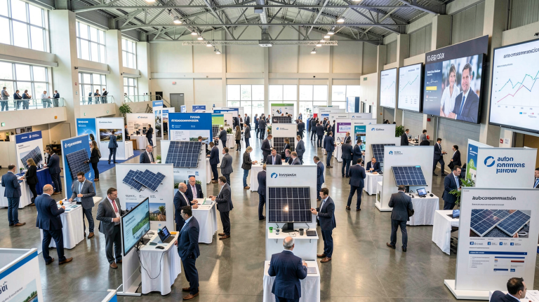 forum panneaux photovoltaiques autoconsommation montrant un vaste hall de conférence avec des stands technologiques, des participants en tenue professionnelle et des écrans présentant des données d'énergie solaire