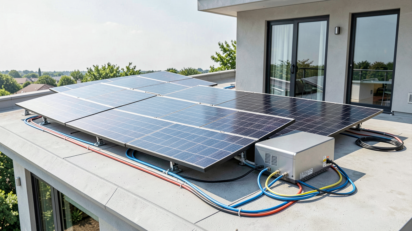 forum panneaux photovoltaiques autoconsommation illustration d'une installation solaire domestique avec panneaux, onduleur et batterie, démontrant le flux d'énergie vers la maison.