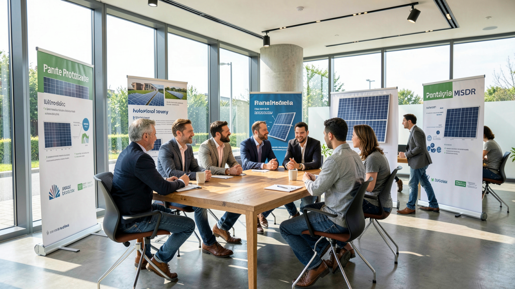 forum panneaux photovoltaïques discussion entre participants autour d'une table en bois dans un espace lumineux
