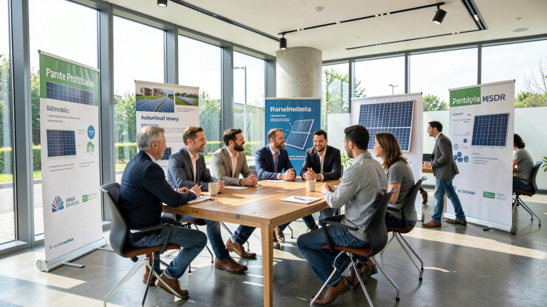 forum panneaux photovoltaïques discussion entre participants autour d'une table en bois dans un espace lumineux