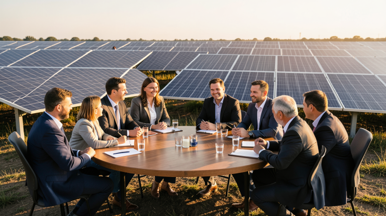 forum photovoltaïque montrant une conférence professionnelle avec des intervenants et des panneaux solaires visibles en arrière-plan