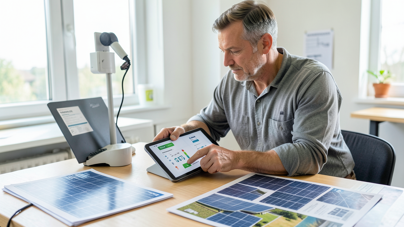 forum photovoltaïque devis 3 kWc : installateur analysant la rentabilité d'une installation solaire 3 kWc sur une tablette