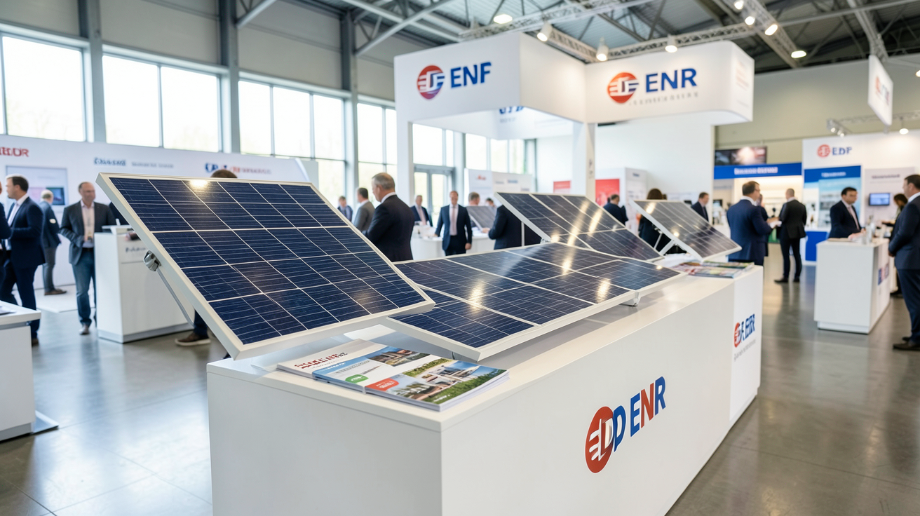 forum photovoltaïque EDF : stand EDF ENR présentant des promesses commerciales lors d'un salon
