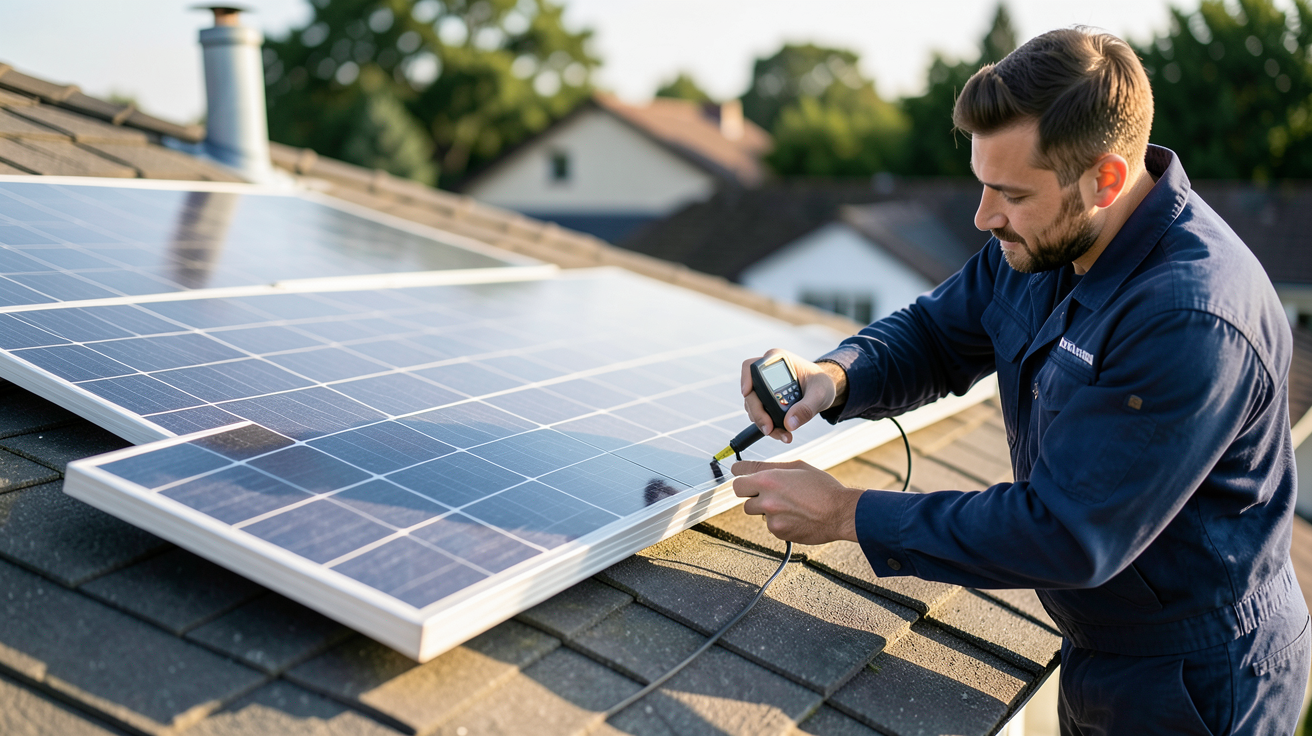 forum photovoltaïque EDF : technicien mesurant la puissance réelle d'un panneau solaire sur un toit de maison