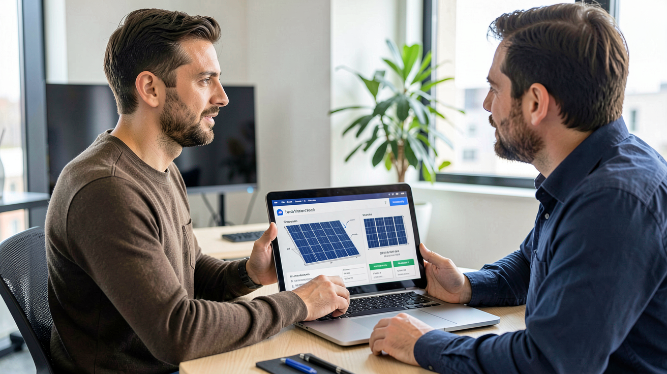 fournisseur de panneaux photovoltaïques analysant un devis de panneaux solaires avec un client