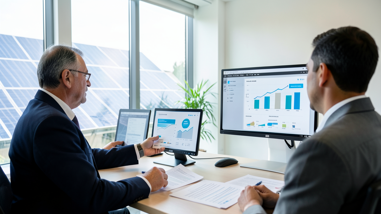 fournisseur de panneaux solaires expliquant les aides financières 2024 à un client dans un bureau lumineux