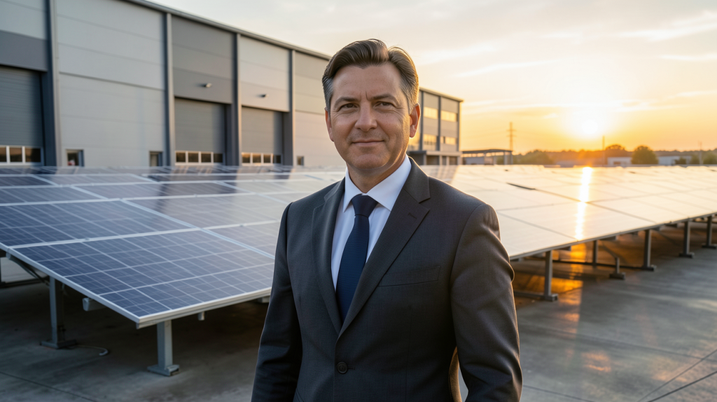 fournisseur de panneaux solaires devant un entrepôt moderne rempli de panneaux photovoltaïques