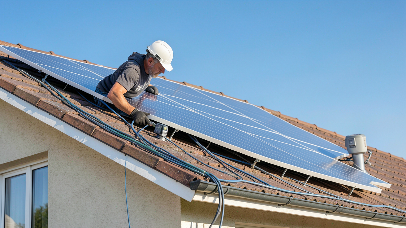 fournisseur de panneaux solaires en train d'installer un système photovoltaïque sur le toit d'une maison