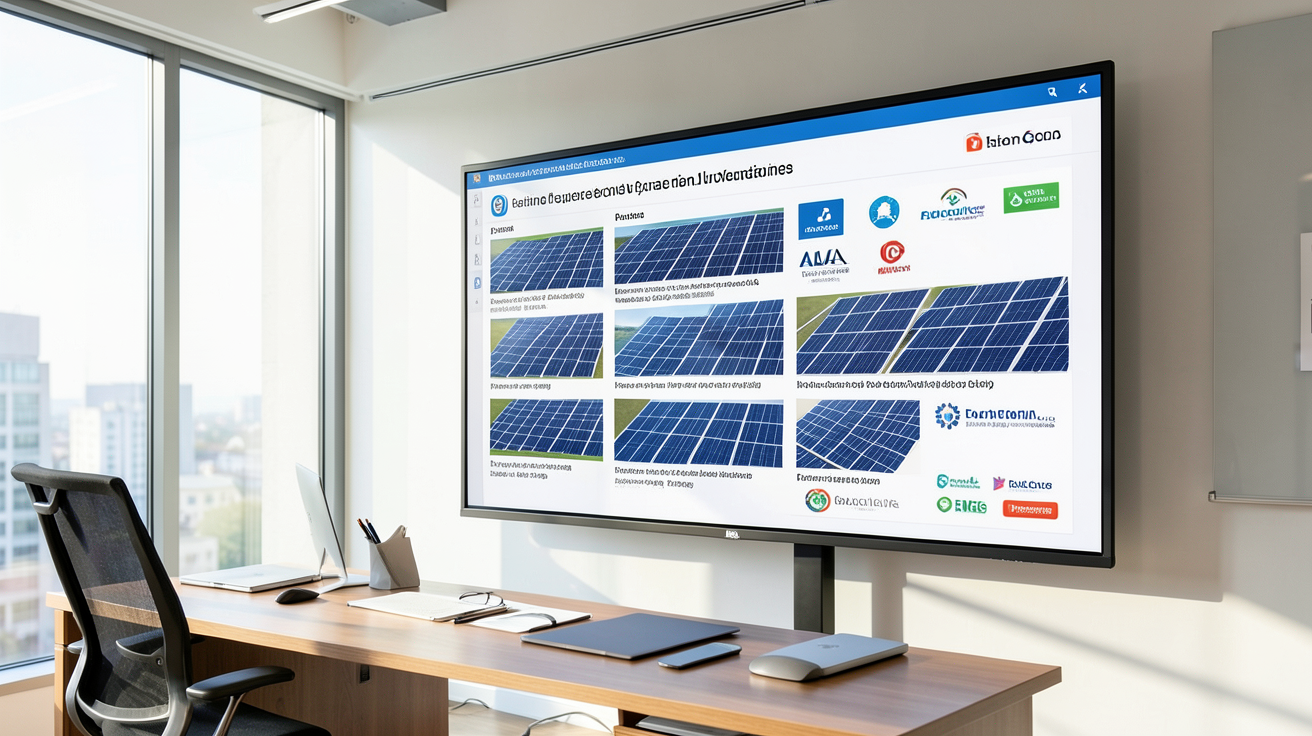 fournisseur panneau photovoltaïque comparatif des principaux fournisseurs européens et français sur un écran géant en bureau moderne