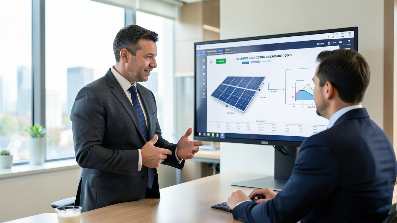 fournisseur panneau photovoltaïque expliquant les critères essentiels à un client dans un bureau moderne