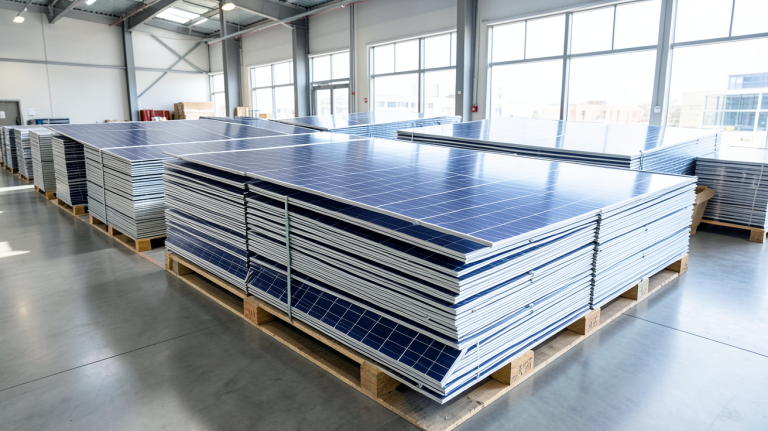 fournisseur panneau photovoltaique stockant des modules solaires dans un entrepôt lumineux