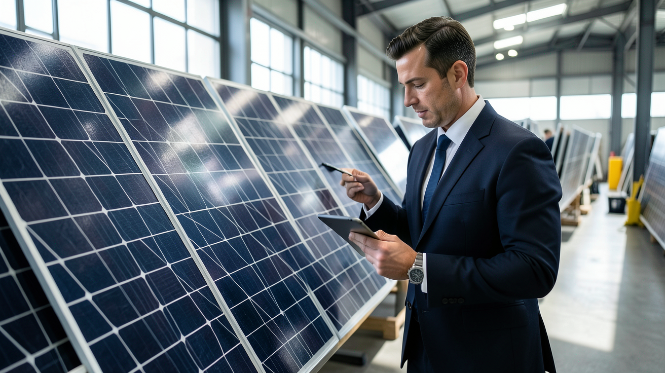 fournisseur de panneaux solaires évaluant des panneaux photovoltaïques dans un entrepôt moderne