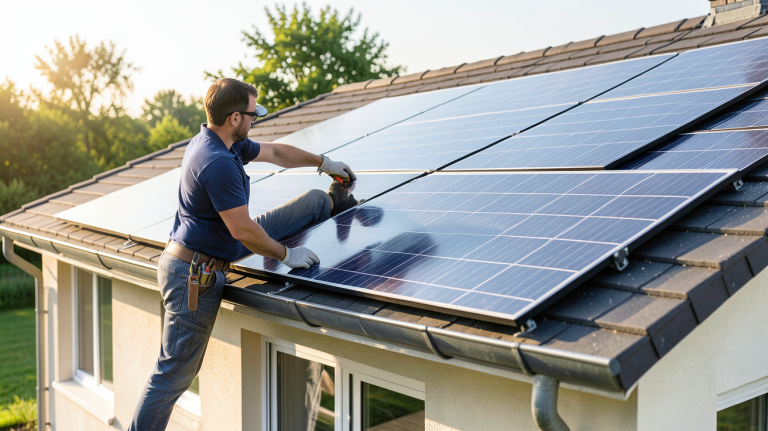fournisseur panneau solaire en train d'installer des panneaux photovoltaïques sur un toit résidentiel