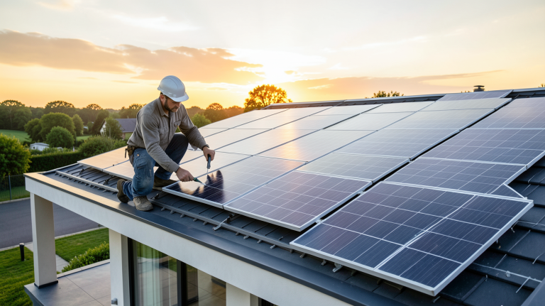 fournisseur panneaux photovoltaïque en train d'installer des panneaux solaires sur un toit résidentiel