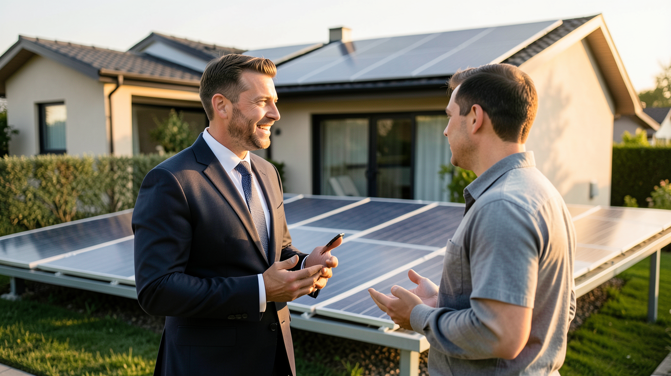 fournisseur photovoltaïque discutant avec un client devant une installation solaire résidentielle