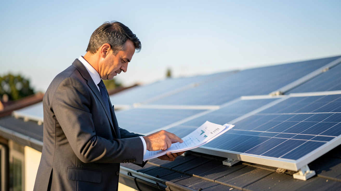 fournisseur photovoltaïque vérifiant des documents techniques devant un panneau solaire sur un toit résidentiel