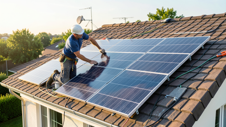 fournisseur photovoltaïque en train d'installer des panneaux solaires sur le toit d'une maison