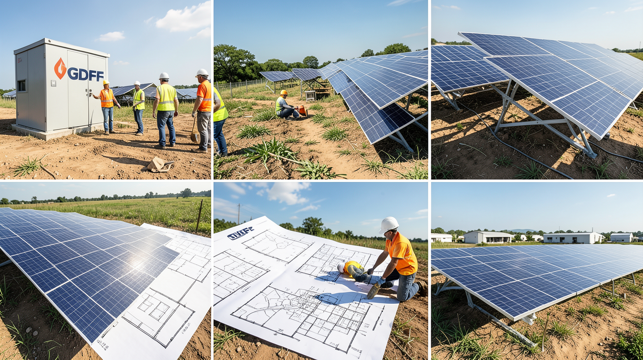 gdf panneaux photovoltaiques représentant les étapes d’un projet solaire, de l’étude à la mise en service, avec ingénieurs, plans et panneaux photovoltaïques installés.