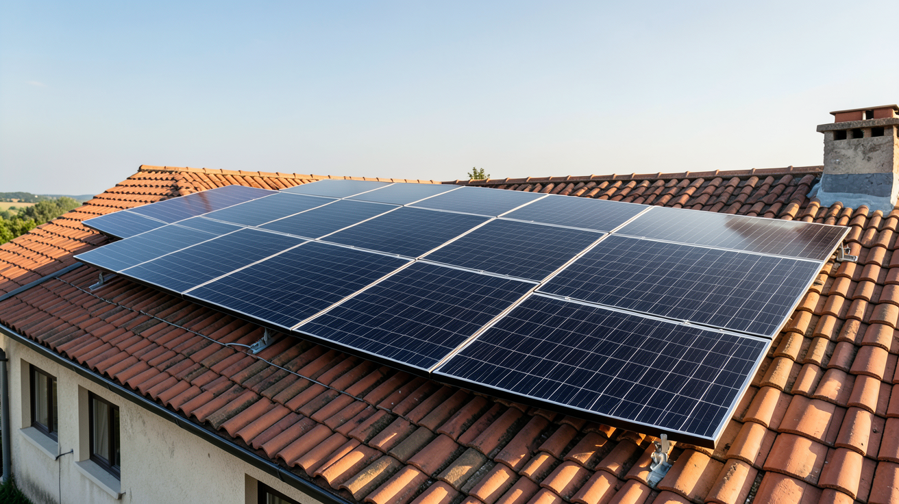gdf panneaux photovoltaiques installation sur toit de maison individuelle avec ciel dégagé