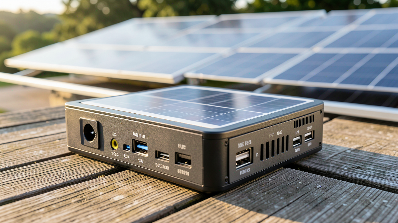 générateur batterie solaire posé sur une terrasse en bois avec des panneaux solaires en arrière-plan
