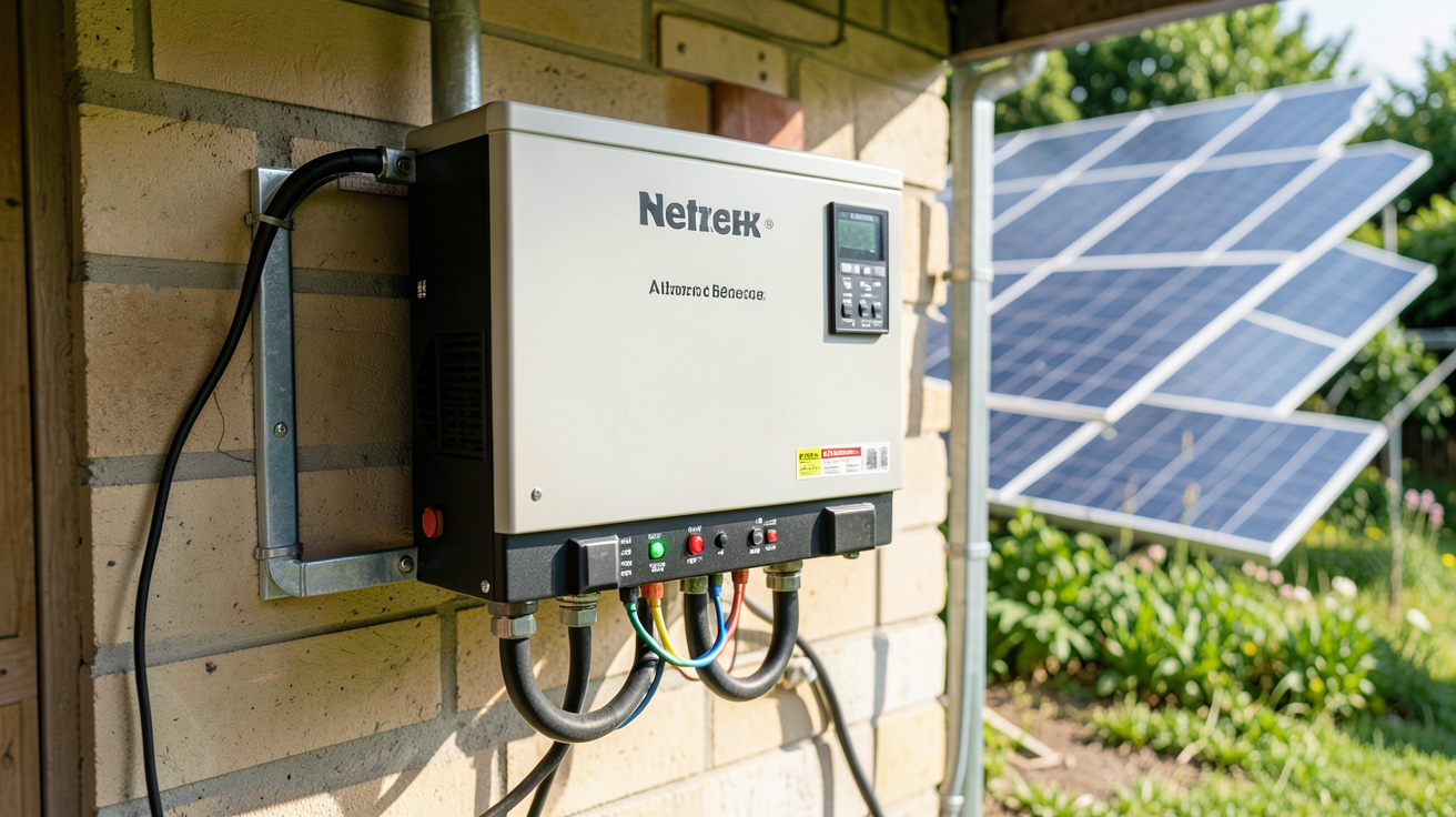 générateur batterie solaire installé dans un abri de jardin avec panneaux solaires en arrière-plan