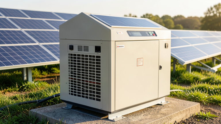 générateur de batterie solaire installé en extérieur avec panneaux photovoltaïques en arrière-plan