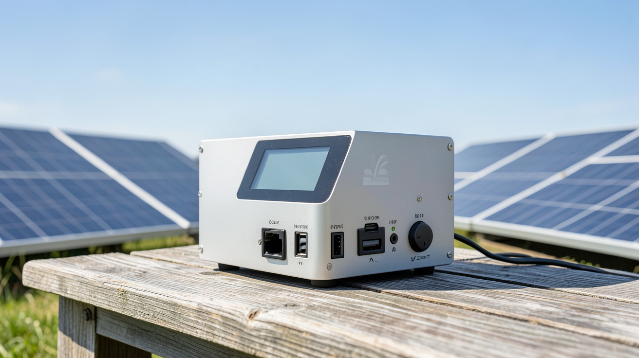 générateur batterie solaire parmi les top 5 performants en 2024, posé sur une table en bois avec des panneaux solaires en arrière-plan
