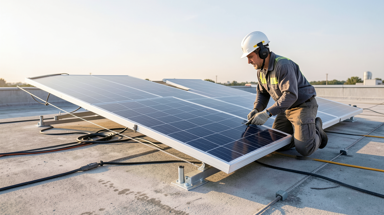 générateur d'électricité solaire en cours d'installation fixe sur un toit par un technicien
