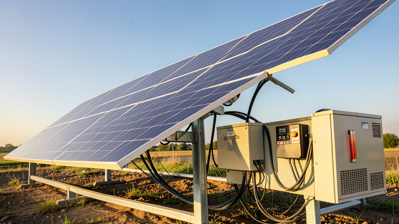 générateur d'électricité solaire en fonctionnement montrant panneaux photovoltaïques, batterie et onduleur connectés
