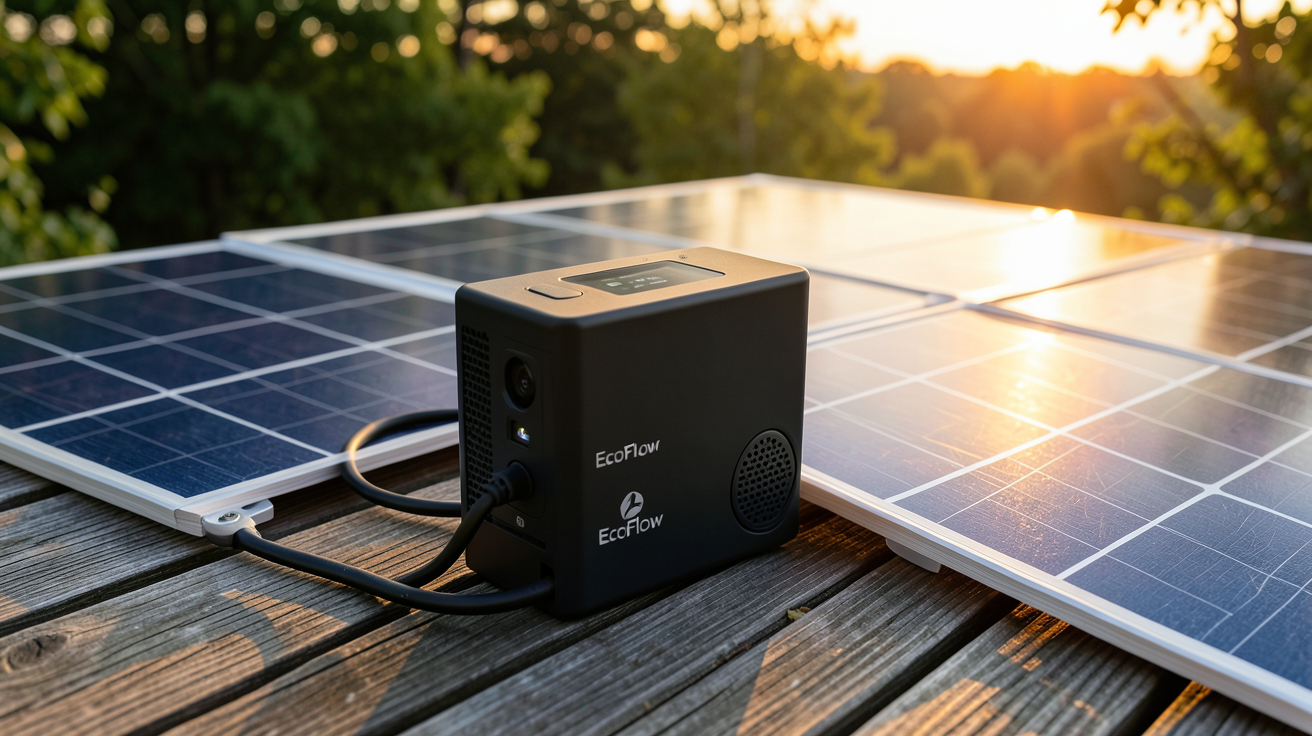 générateur panneau solaire EcoFlow branché à des panneaux solaires en extérieur sur une terrasse en bois