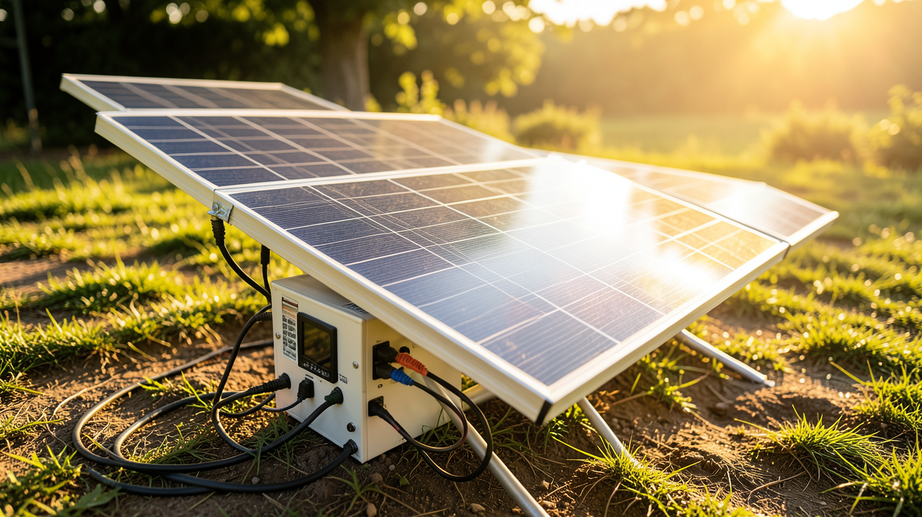 générateur panneau solaire portable avec panneaux photovoltaïques déployés en plein soleil