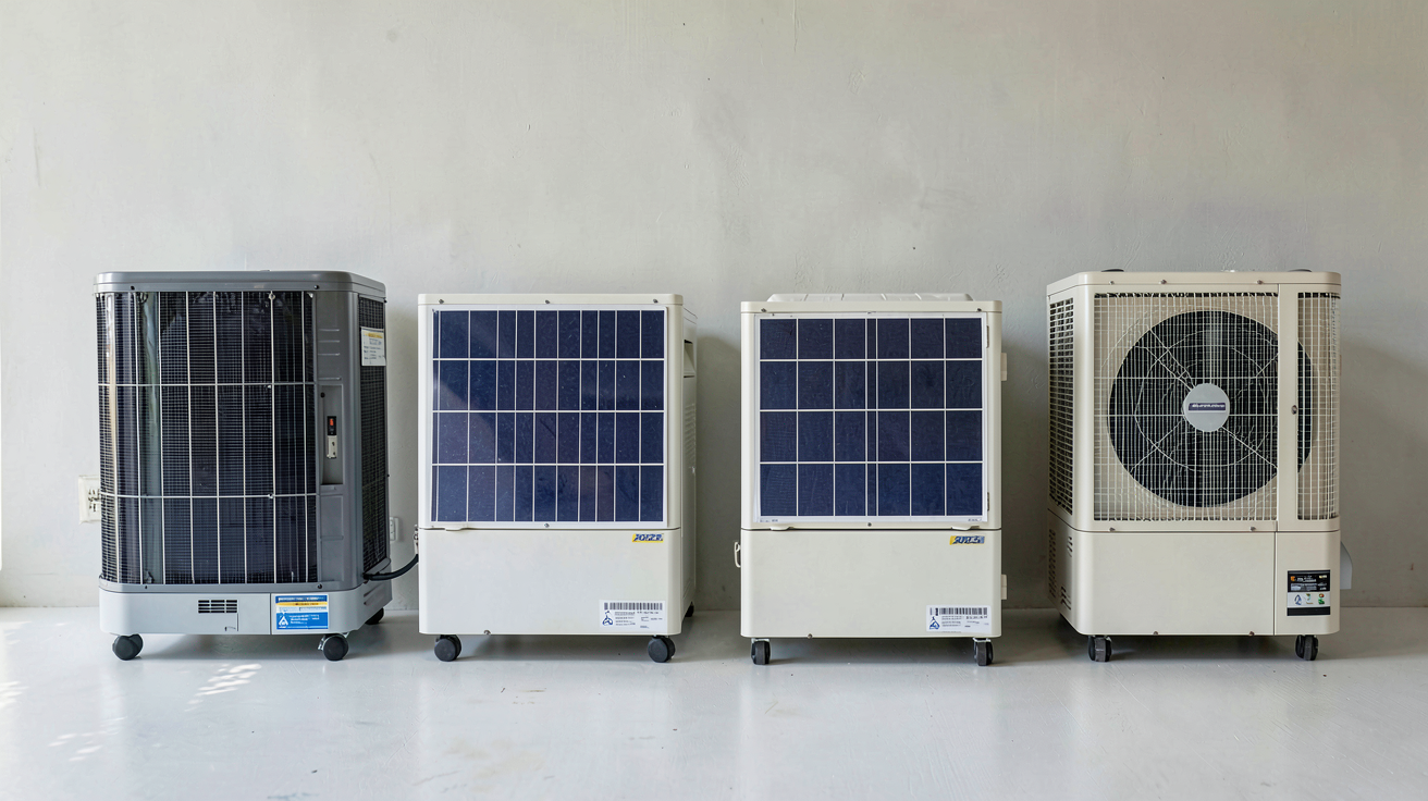 générateur photovoltaïque présentant les quatre types de systèmes en 2025, alignés sur un fond blanc et clairement visibles