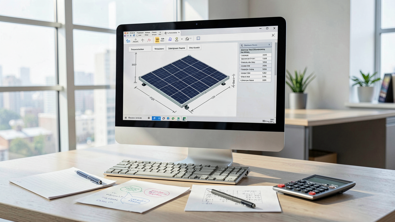 générateur photovoltaïque : bureau avec écran affichant un tableau de calcul pour le dimensionnement d'un système solaire
