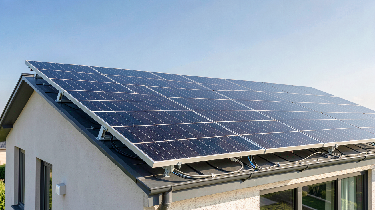 générateur photovoltaïque installé sur le toit d'une maison moderne avec panneaux solaires noirs
