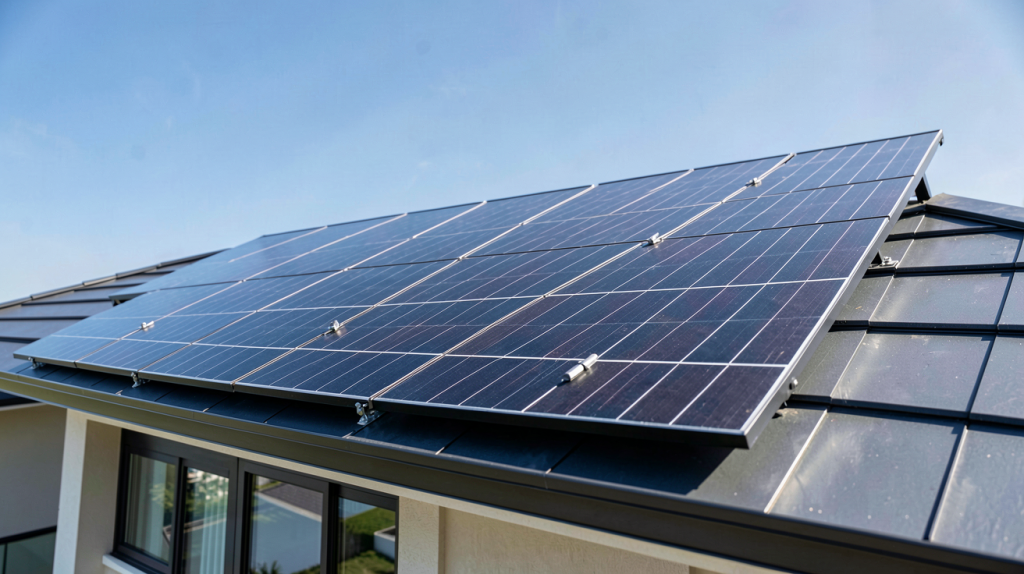 générateur photovoltaïque installé sur le toit d'une maison contemporaine avec des panneaux solaires noirs reflétant la lumière du soleil