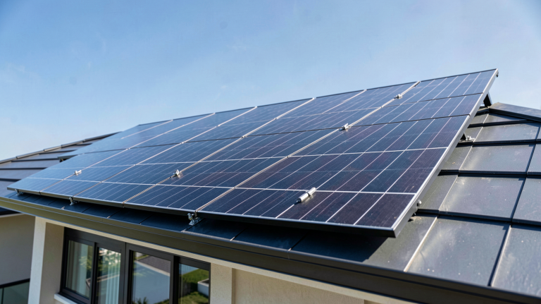générateur photovoltaïque installé sur le toit d'une maison contemporaine avec des panneaux solaires noirs reflétant la lumière du soleil