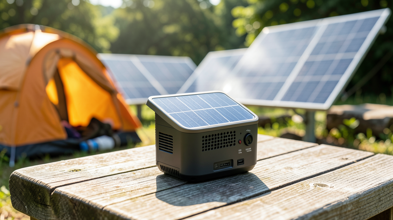 générateur portable solaire compact posé sur une table en bois avec un fond de camping, illustrant son utilisation en 2025 et les avantages d'une énergie solaire nomade.