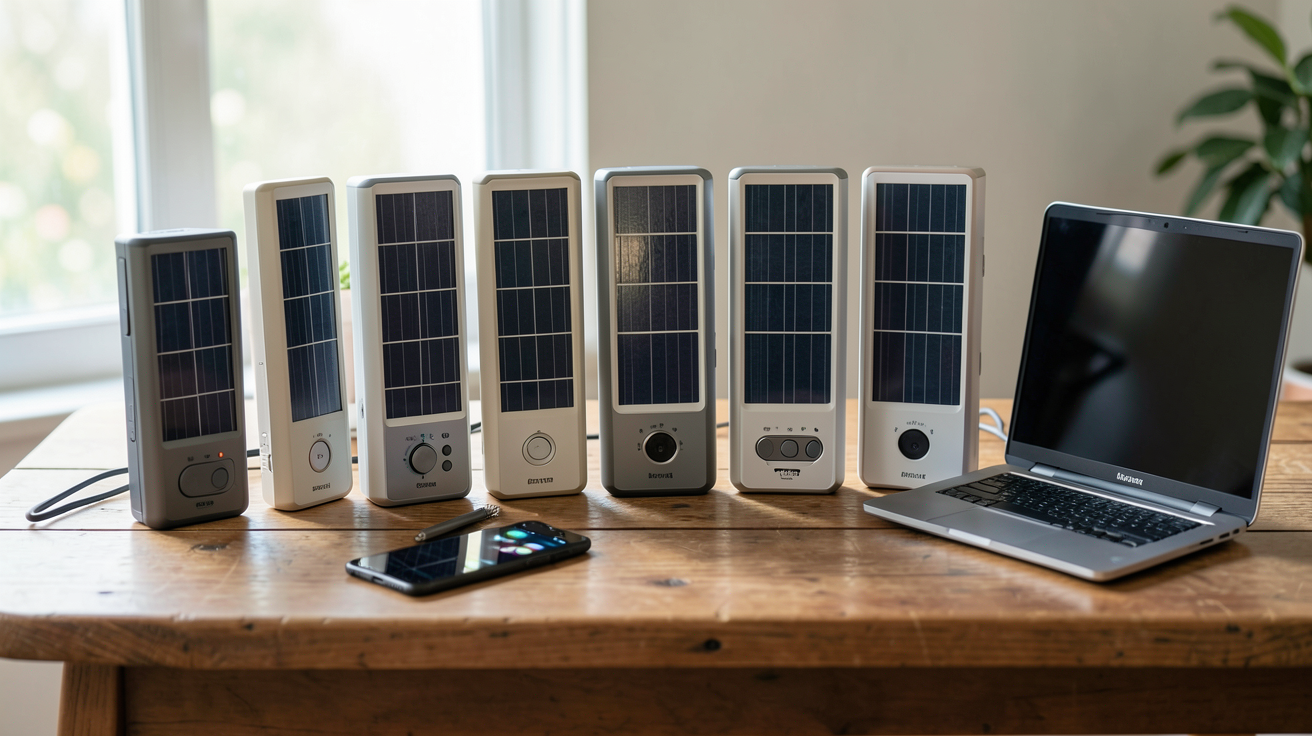 générateur portable solaire comparatif 2025 montrant les 10 meilleurs modèles sur une table avec divers appareils électroniques