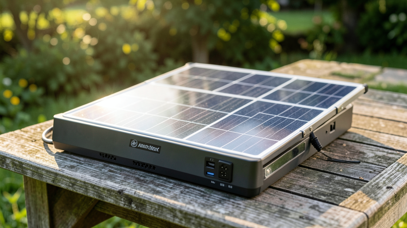 générateur portable solaire affichant ses critères essentiels pour le choisir en 2025, panneaux dépliés, design compact et écran digital indiquant la puissance disponible