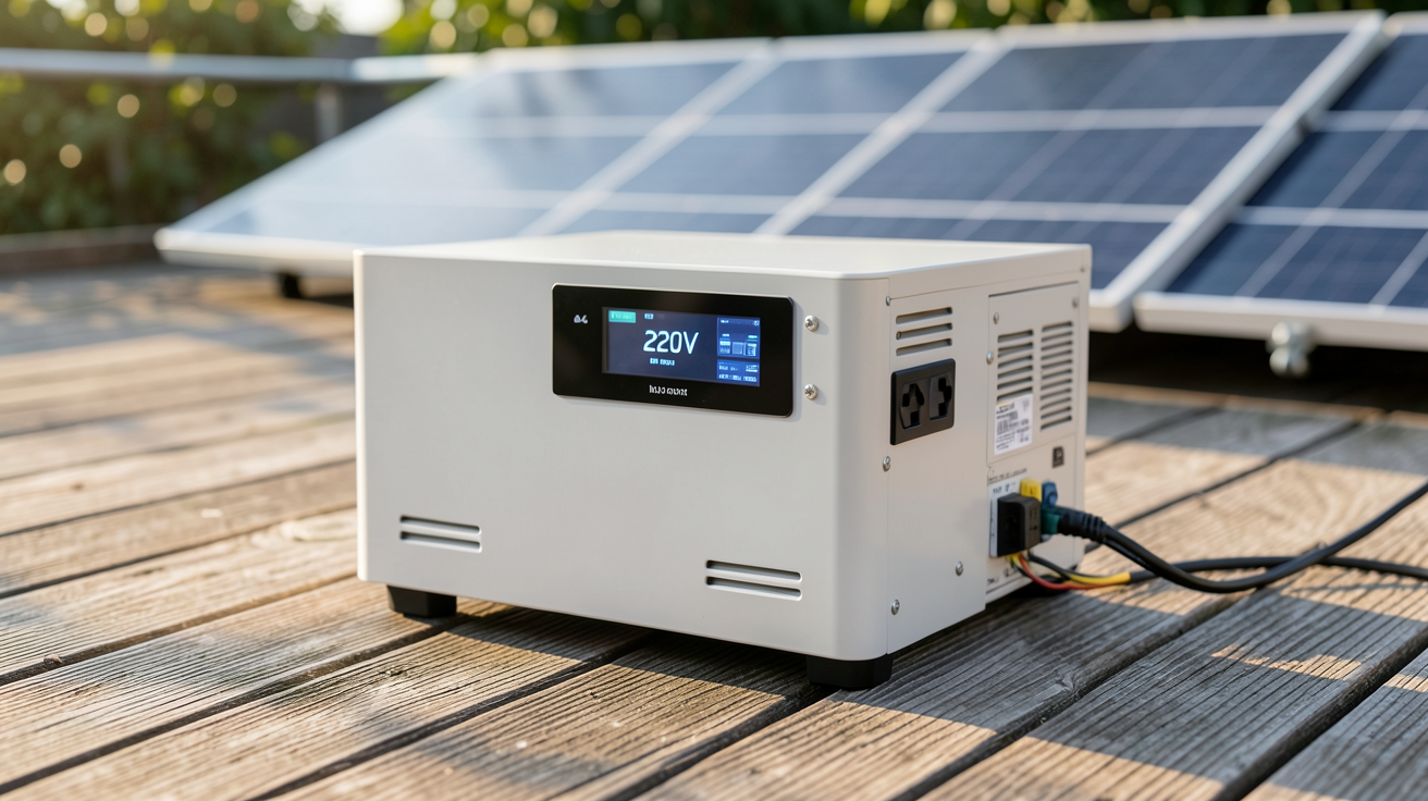 générateur solaire 220V moderne posé sur une terrasse en bois avec des panneaux solaires en arrière-plan