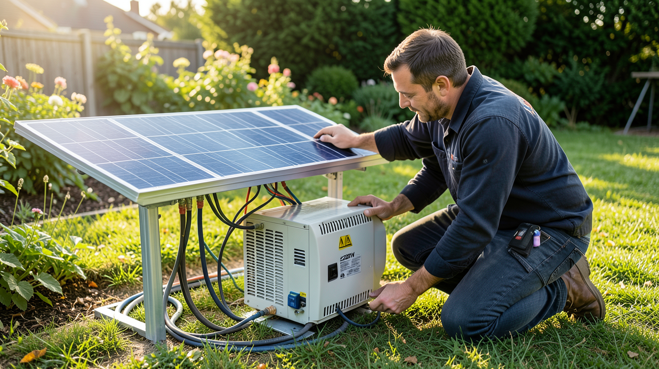 générateur solaire 220V en cours d'installation par un technicien dans un jardin résidentiel