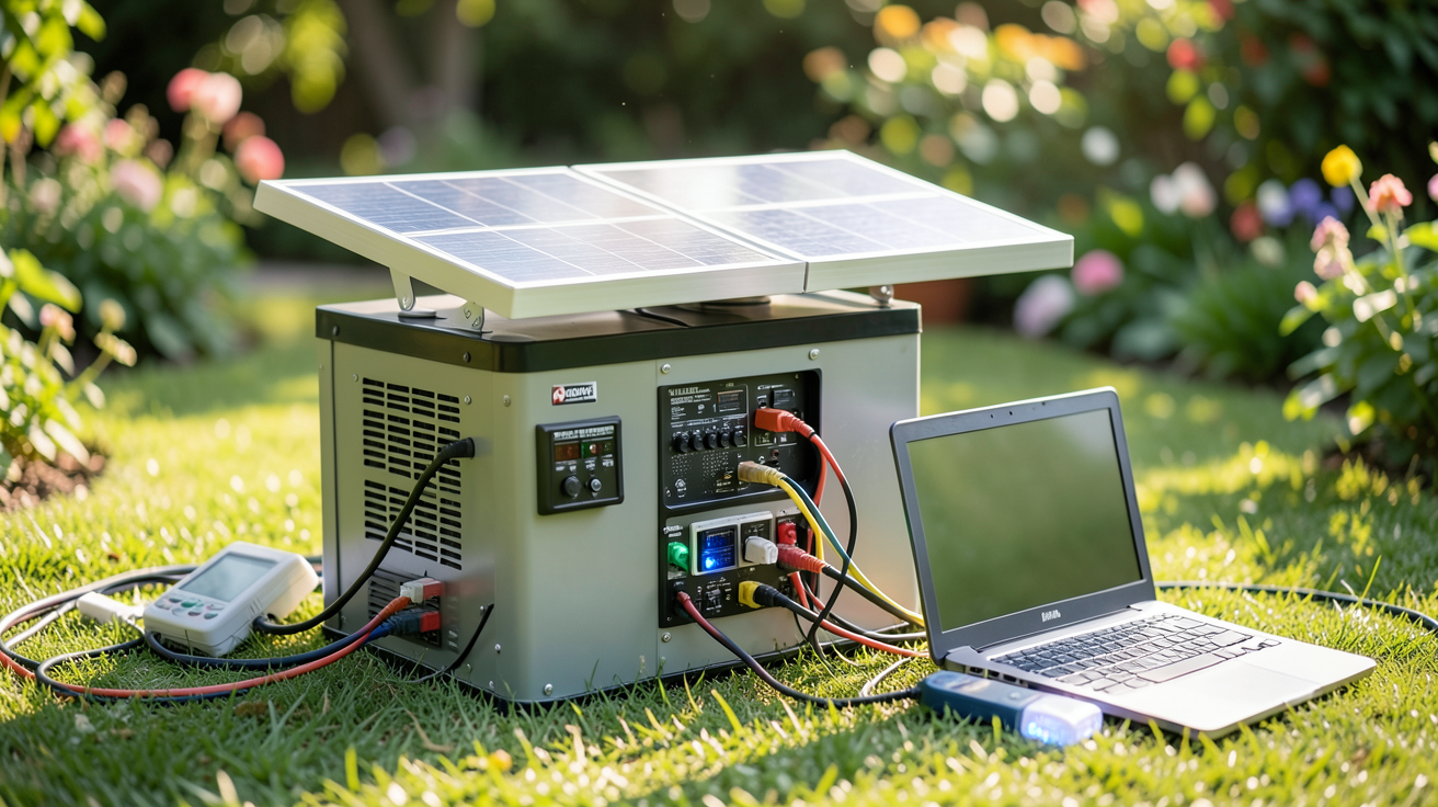 générateur solaire 3000W en fonctionnement dans un jardin avec des appareils électriques branchés