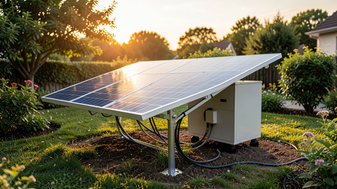 générateur solaire autonome installé dans un jardin avec panneaux photovoltaïques et unité de stockage