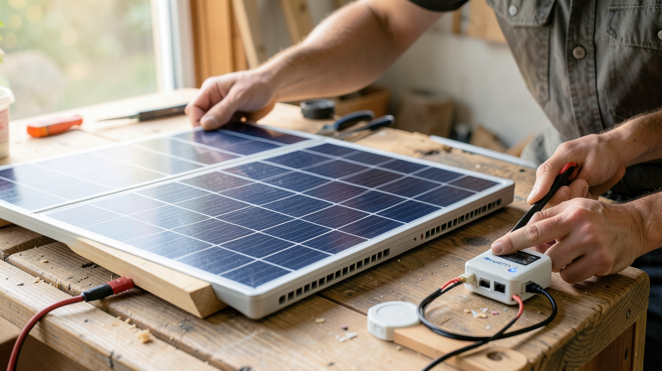 generateur solaire bluetti kit solaire en cours d'assemblage avec panneaux photovoltaïques et batterie BLUETTI