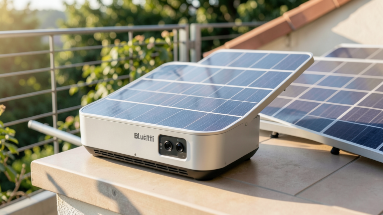 generateur solaire bluetti installé sur un balcon avec panneaux solaires pliables sous un ciel clair