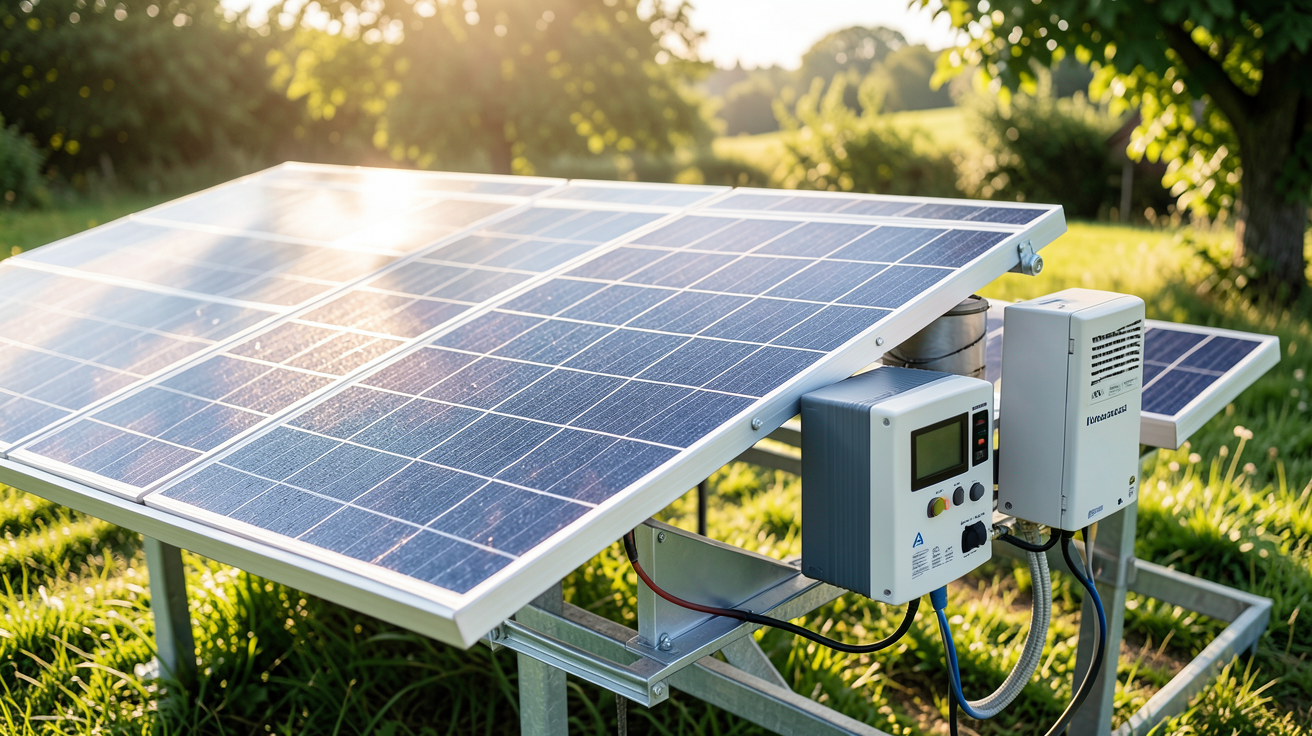 générateur solaire montrant les composants clés : panneaux photovoltaïques, batterie, onduleur et régulateur de charge