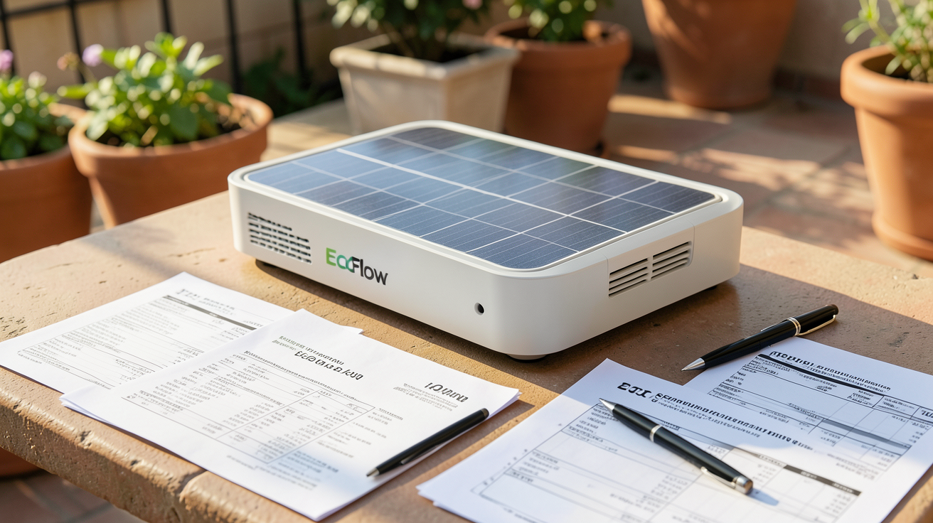générateur solaire EcoFlow posé sur une terrasse avec des documents financiers pour le calcul du retour sur investissement