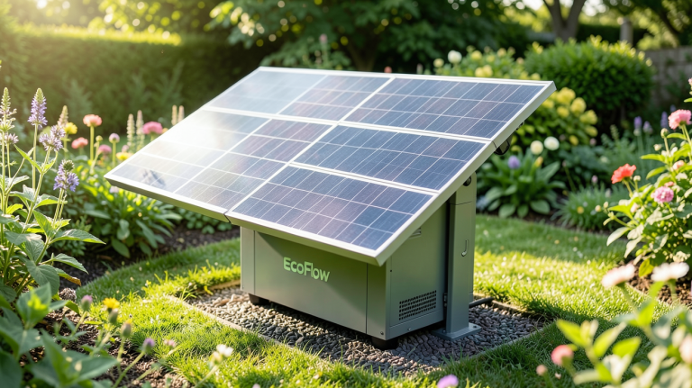 générateur solaire EcoFlow avec panneaux solaires installés dans un jardin écologique